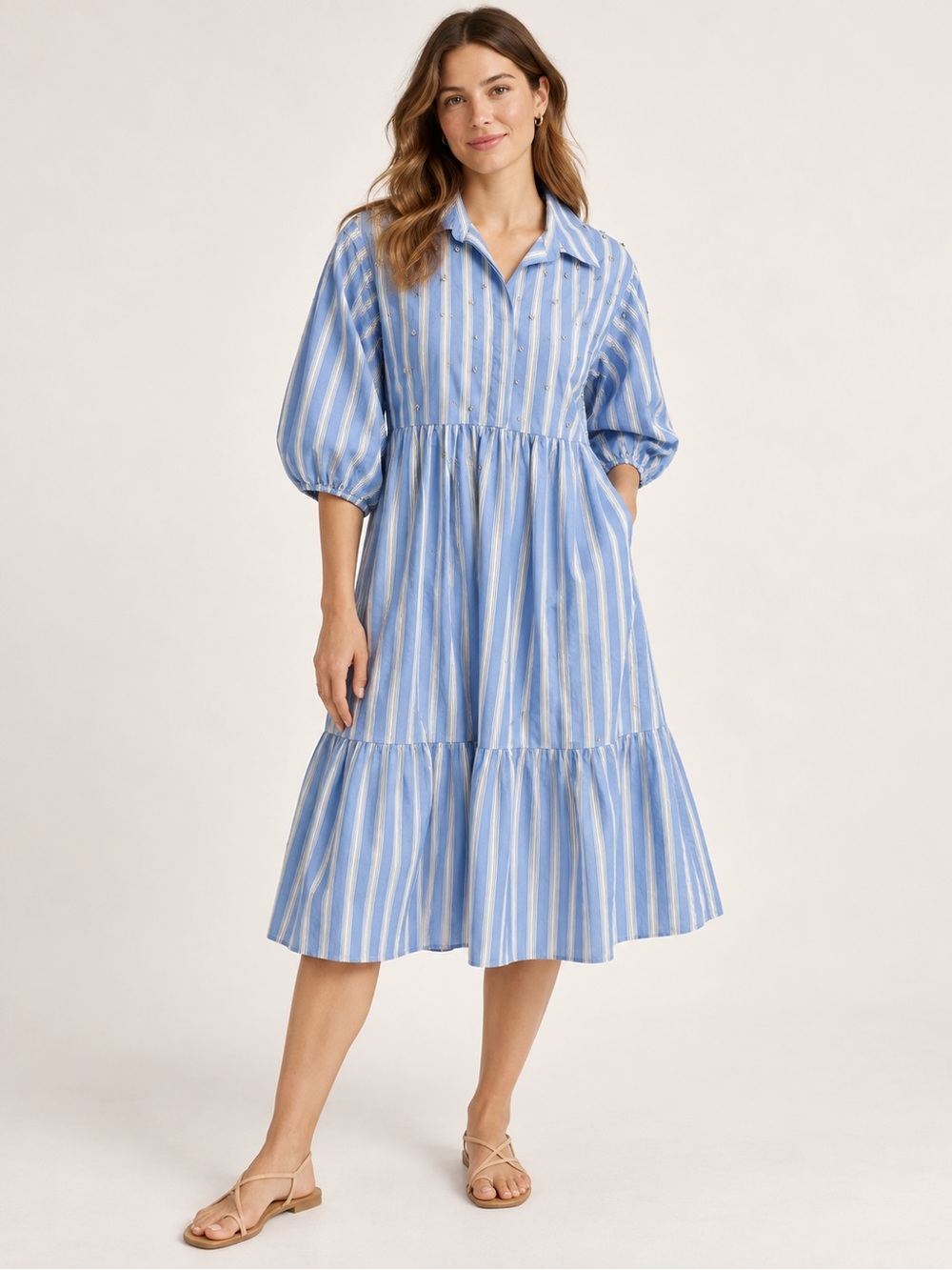 Anthropologie Blue & White Striped Embellished Tiered Dress – Size SP